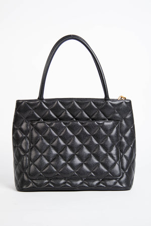 90s Chanel Black Caviar Gold Medallion Tote Bag