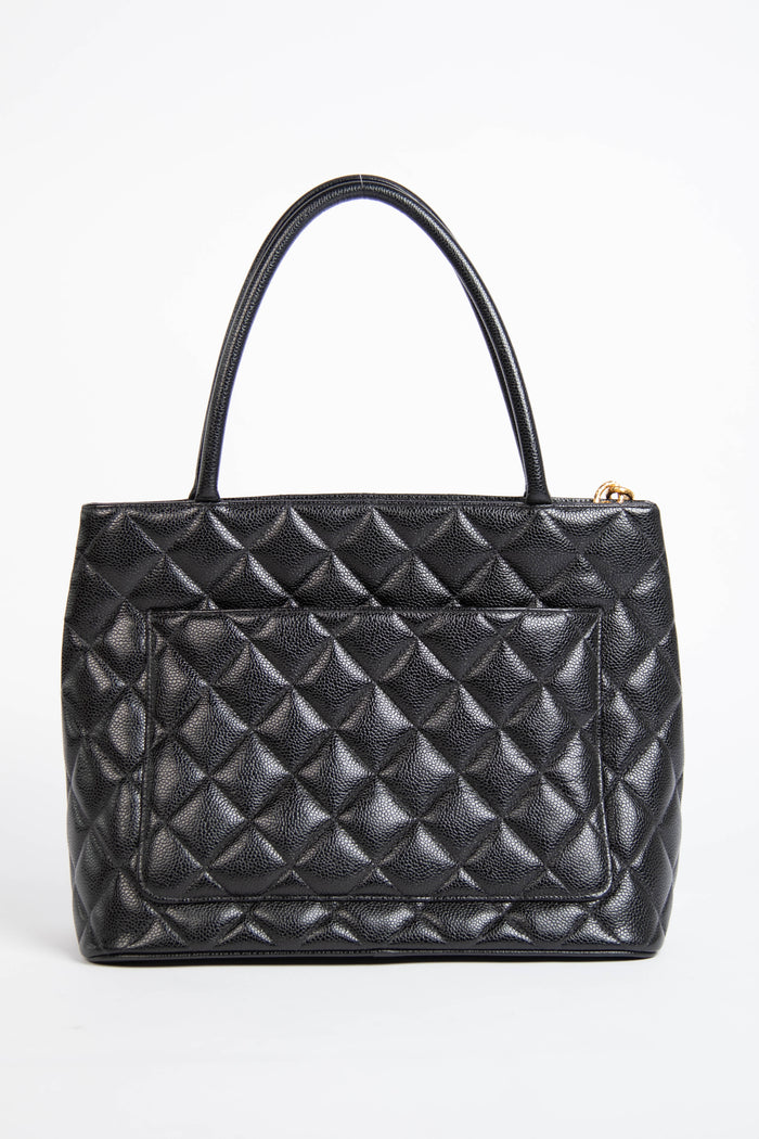 90s Chanel Black Caviar Gold Medallion Tote Bag