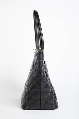 90s Chanel Black Caviar Gold Medallion Tote Bag