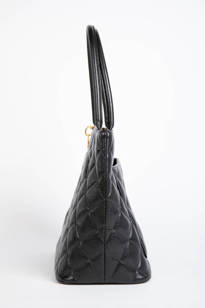 90s Chanel Black Caviar Gold Medallion Tote Bag