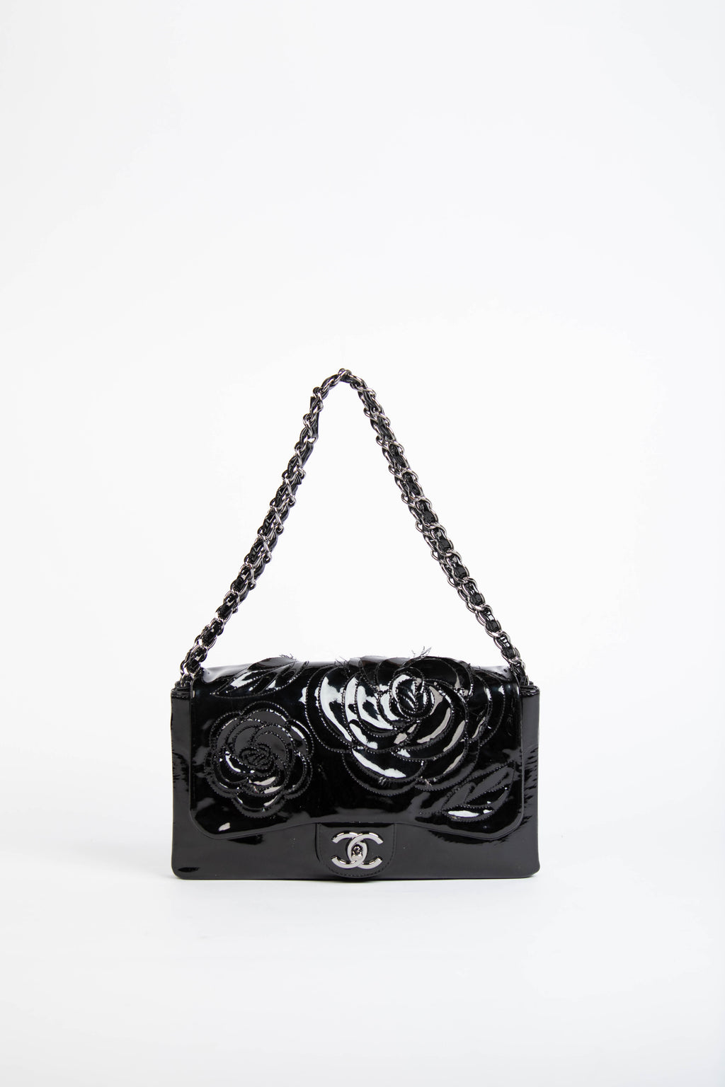 2010s Chanel Black Patent Leather Camellia Flap Bag