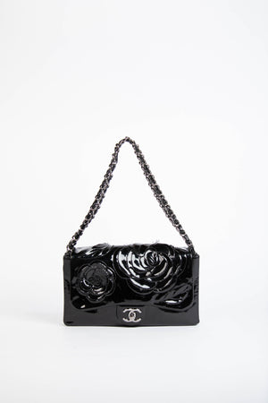 2010s Chanel Black Patent Leather Camellia Flap Bag