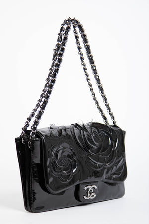 2010s Chanel Black Patent Leather Camellia Flap Bag