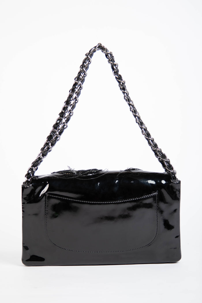 2010s Chanel Black Patent Leather Camellia Flap Bag