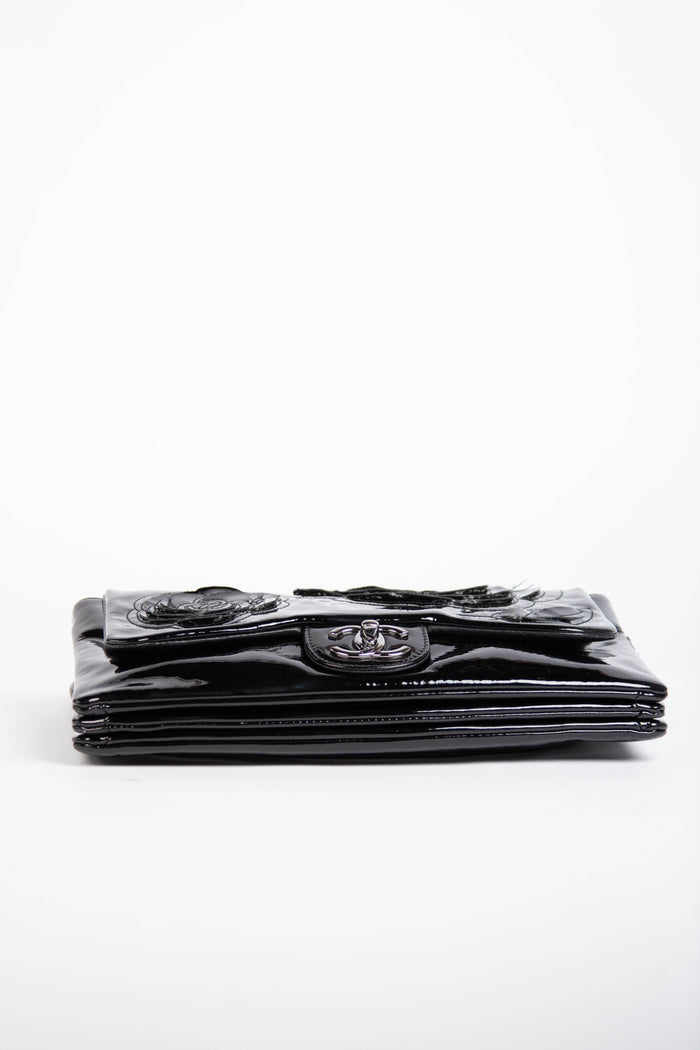 2010s Chanel Black Patent Leather Camellia Flap Bag