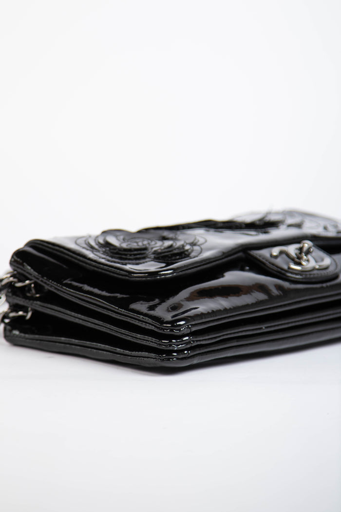 2010s Chanel Black Patent Leather Camellia Flap Bag