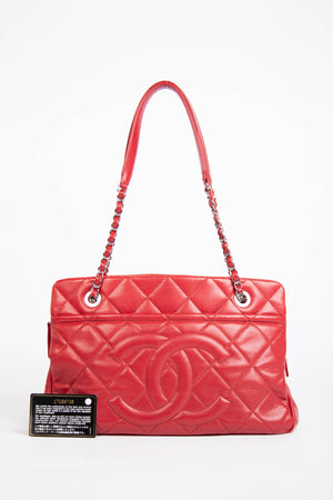 2010s Chanel Red Caviar Leather Timeless CC Shopper Tote Bag