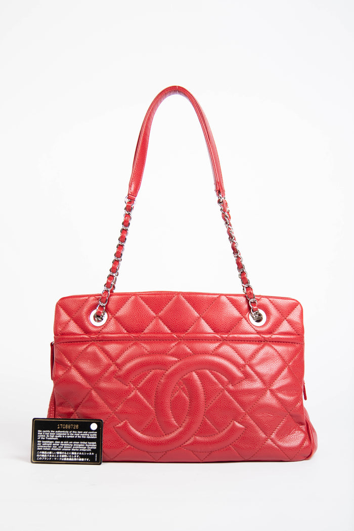 2010s Chanel Red Caviar Leather Timeless CC Shopper Tote Bag
