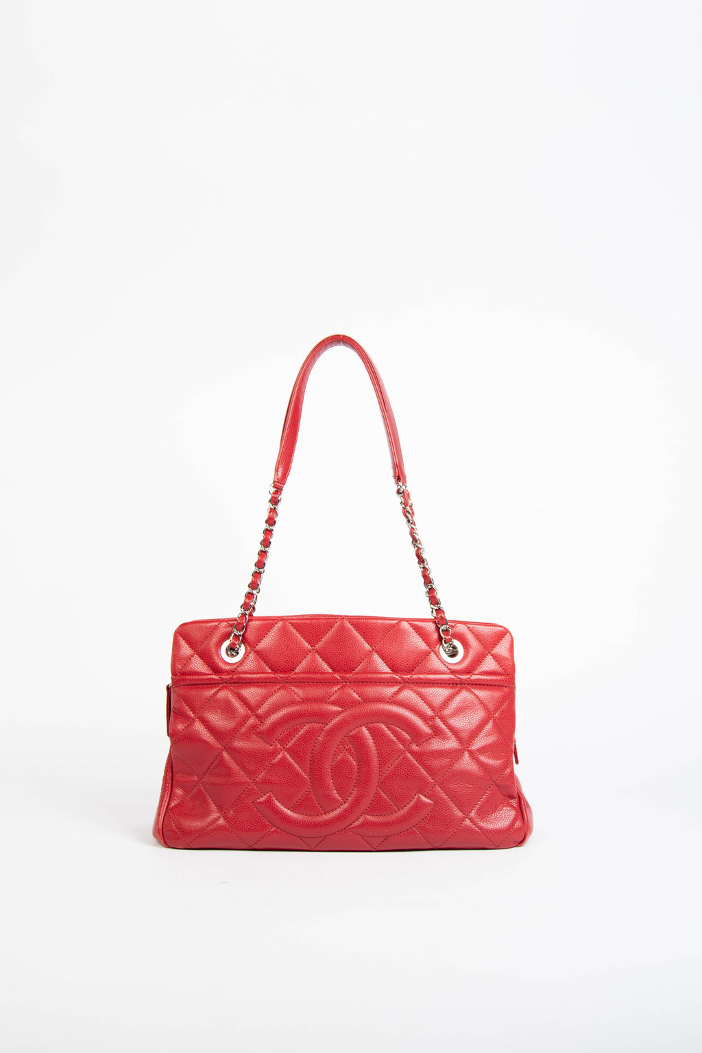 2010s Chanel Red Caviar Leather Timeless CC Shopper Tote Bag