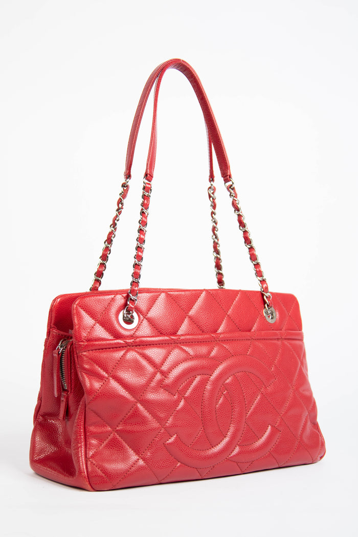 2010s Chanel Red Caviar Leather Timeless CC Shopper Tote Bag