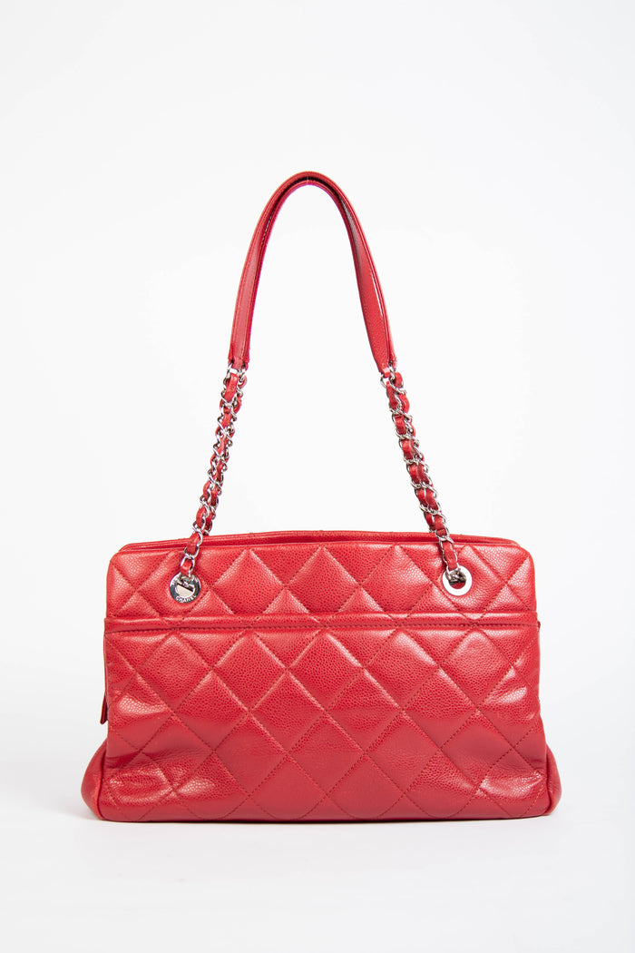 2010s Chanel Red Caviar Leather Timeless CC Shopper Tote Bag
