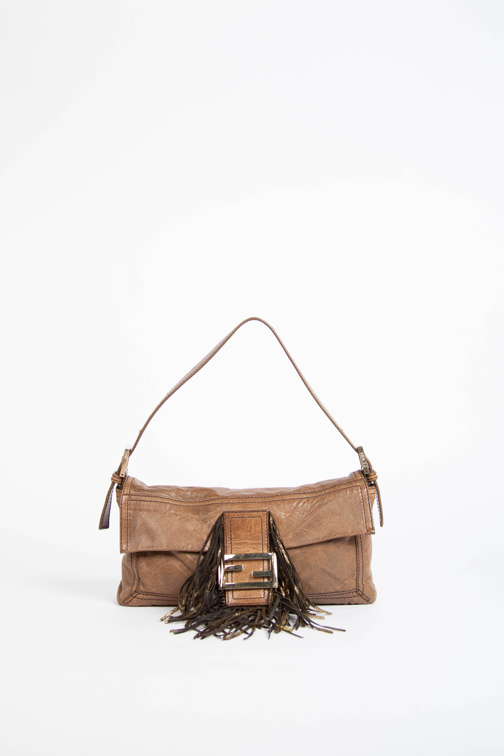 Vintage Fendi Brown Leather Fringe Baguette Shoulder Bag