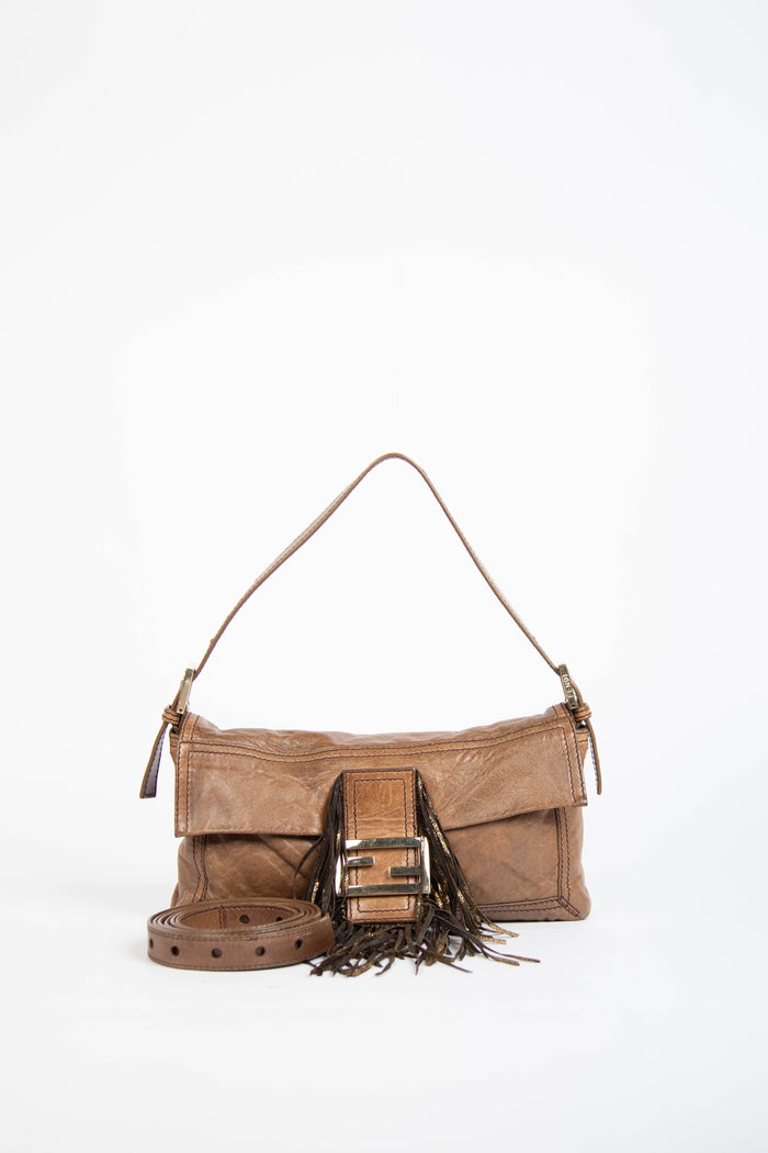 Vintage Fendi Brown Leather Fringe Baguette Shoulder Bag