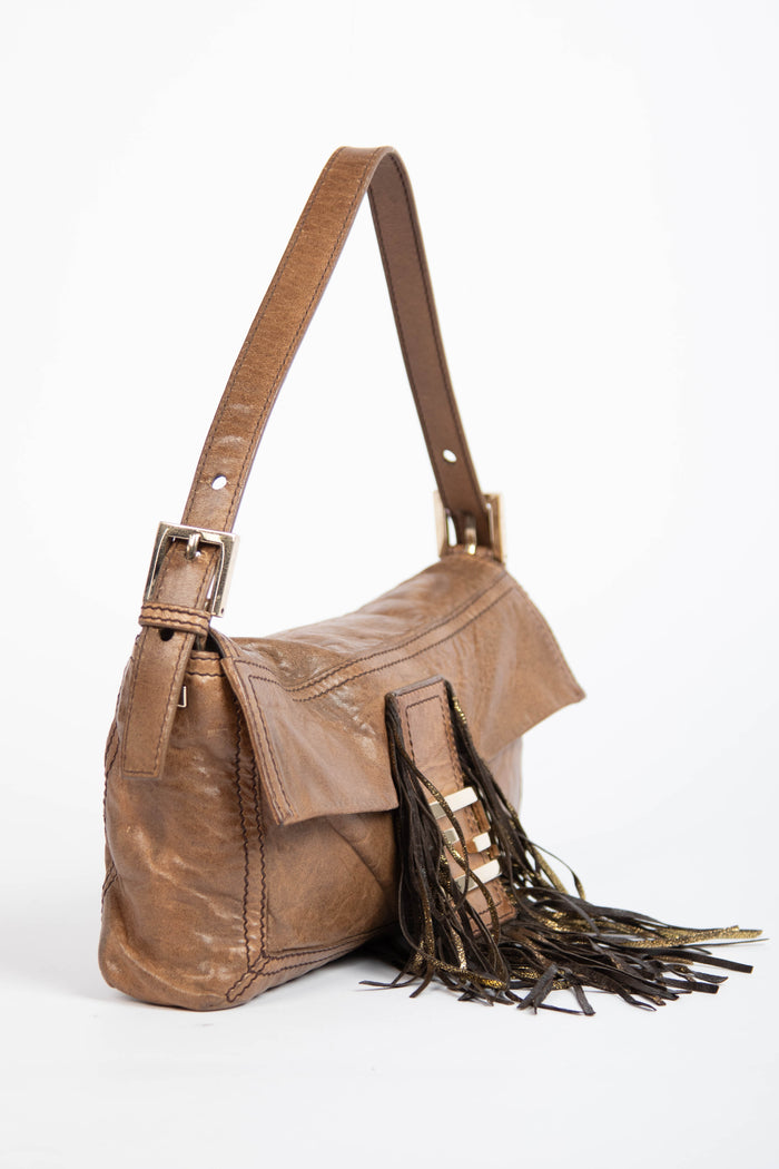 Vintage Fendi Brown Leather Fringe Baguette Shoulder Bag