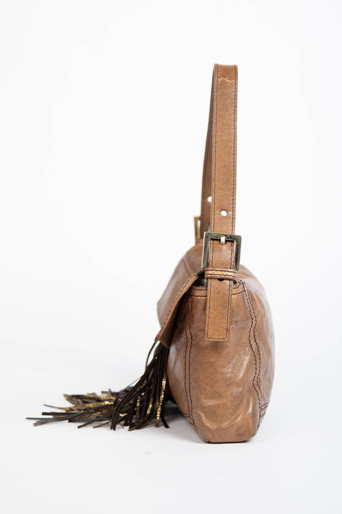 Vintage Fendi Brown Leather Fringe Baguette Shoulder Bag