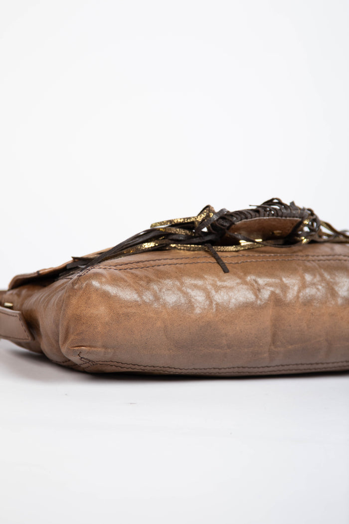Vintage Fendi Brown Leather Fringe Baguette Shoulder Bag
