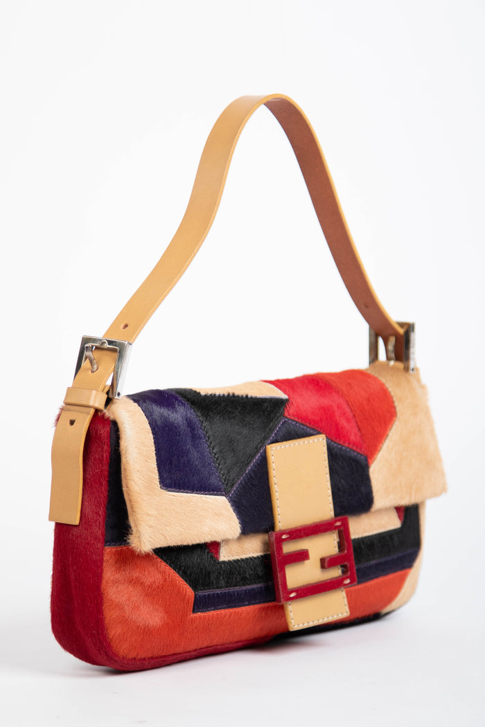 Vintage Fendi Pony Hair Patchwork Baguette Shoulder Bag