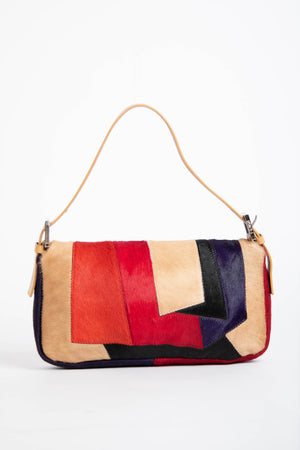 Vintage Fendi Pony Hair Patchwork Baguette Shoulder Bag