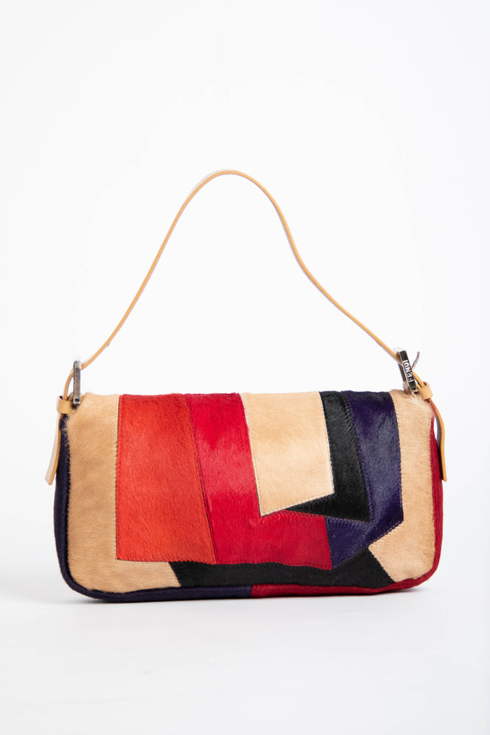Vintage Fendi Pony Hair Patchwork Baguette Shoulder Bag