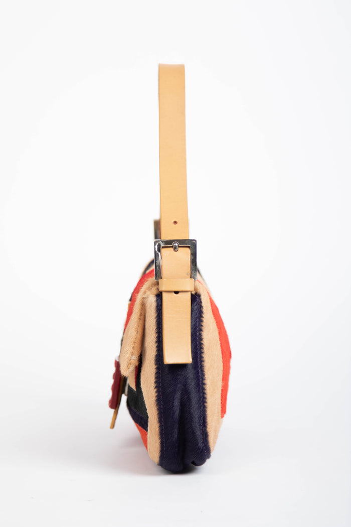 Vintage Fendi Pony Hair Patchwork Baguette Shoulder Bag