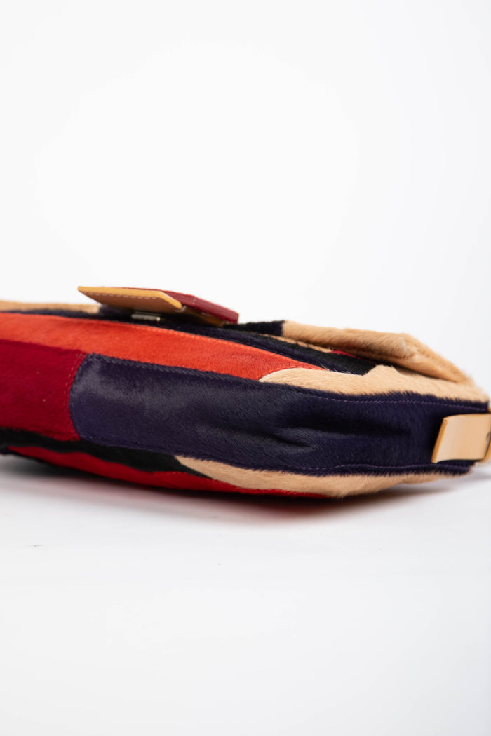 Vintage Fendi Pony Hair Patchwork Baguette Shoulder Bag
