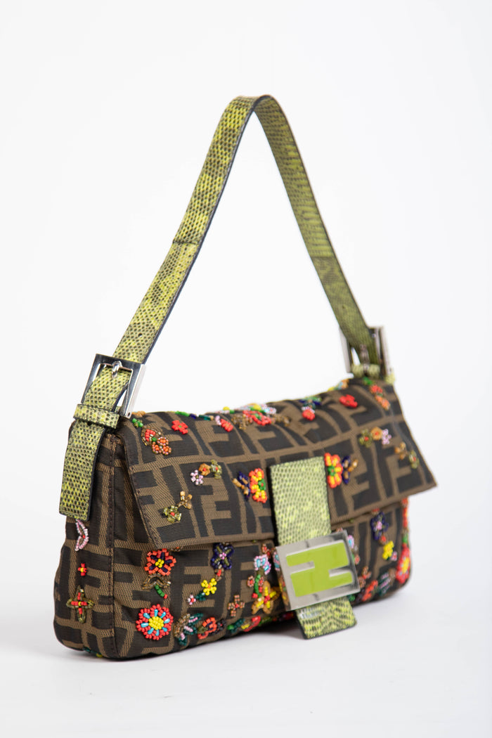RARE Fendi Zucca Beaded Baguette Shoulder Bag