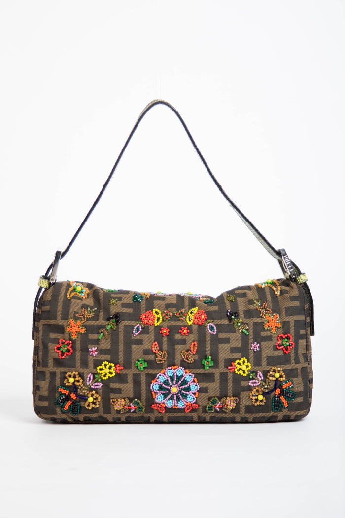 RARE Fendi Zucca Beaded Baguette Shoulder Bag