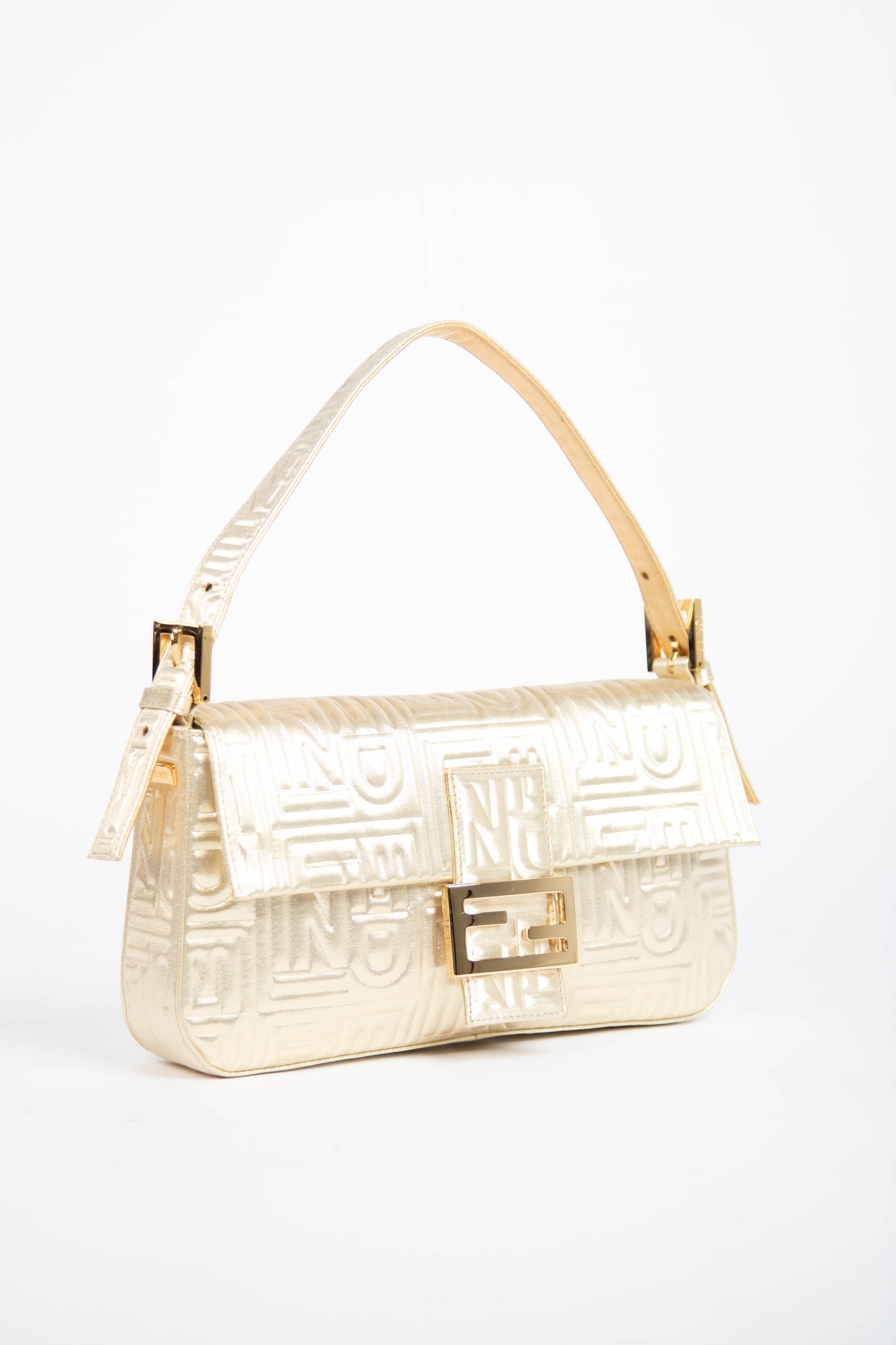 RARE Fendi Champagne Embossed Baguette Shoulder Bag
