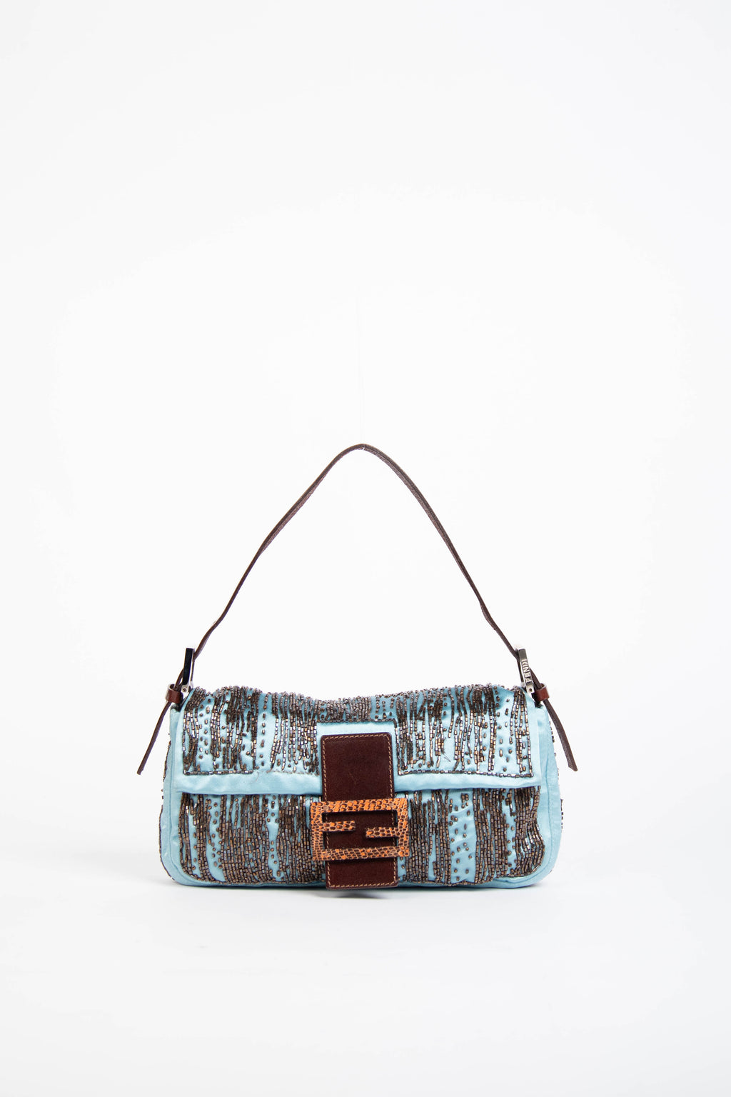 RARE Fendi Blue Satin Beaded Baguette Shoulder Bag