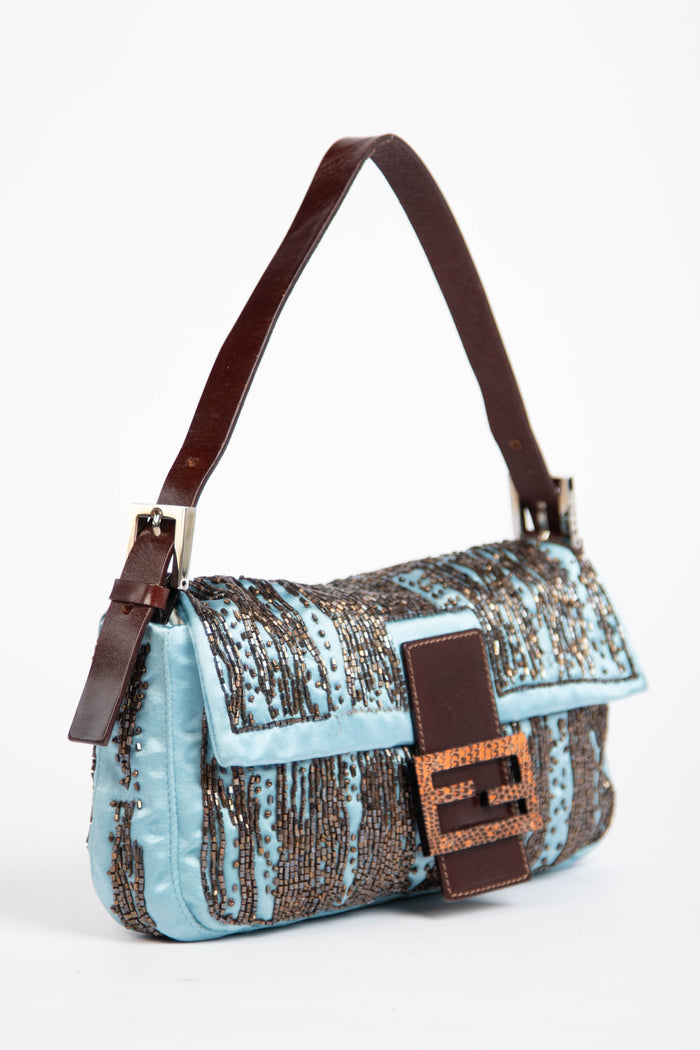 RARE Fendi Blue Satin Beaded Baguette Shoulder Bag