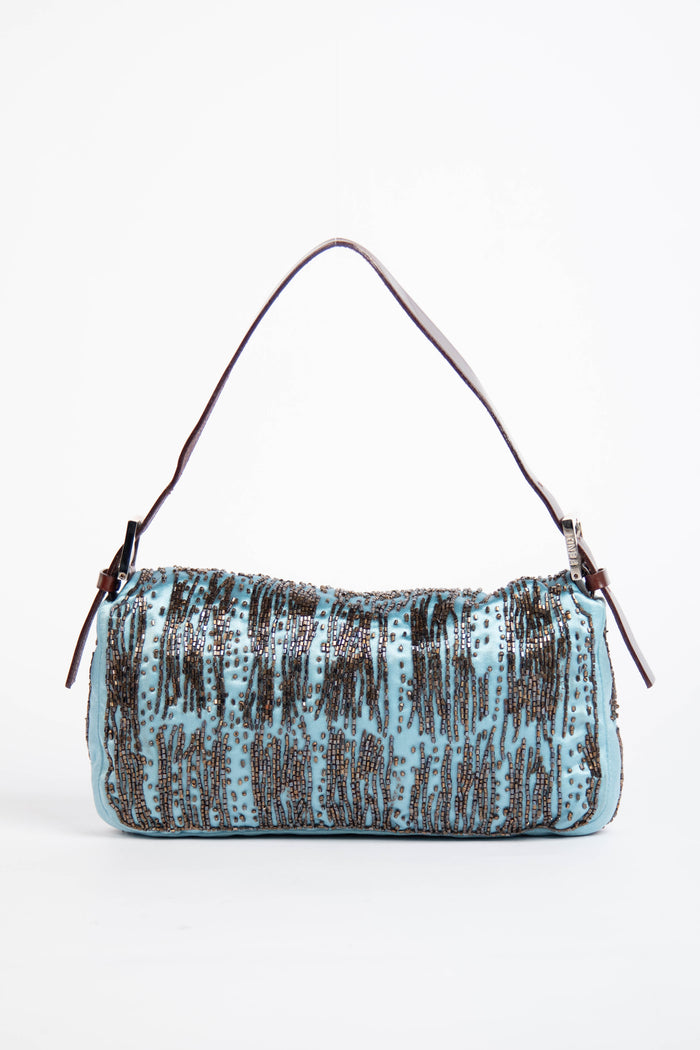 RARE Fendi Blue Satin Beaded Baguette Shoulder Bag