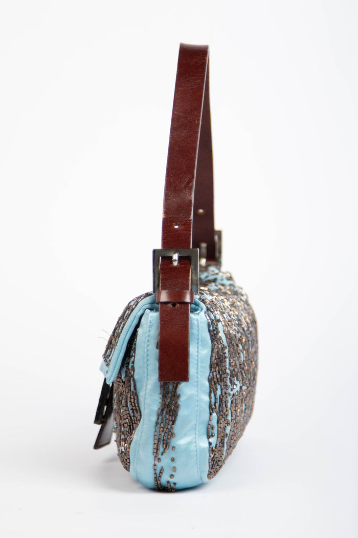 RARE Fendi Blue Satin Beaded Baguette Shoulder Bag