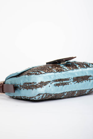 RARE Fendi Blue Satin Beaded Baguette Shoulder Bag