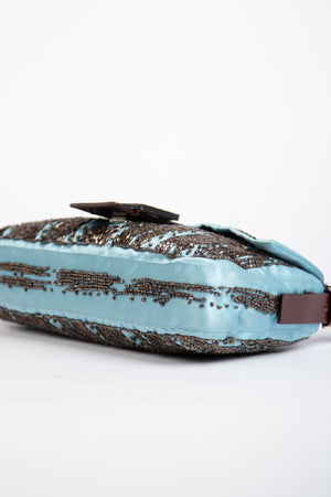 RARE Fendi Blue Satin Beaded Baguette Shoulder Bag