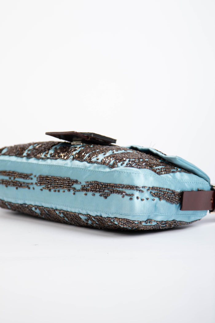 RARE Fendi Blue Satin Beaded Baguette Shoulder Bag