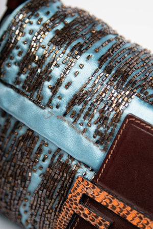 RARE Fendi Blue Satin Beaded Baguette Shoulder Bag