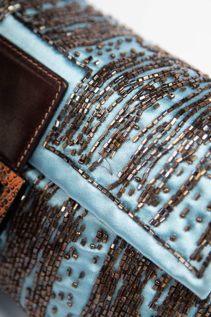RARE Fendi Blue Satin Beaded Baguette Shoulder Bag