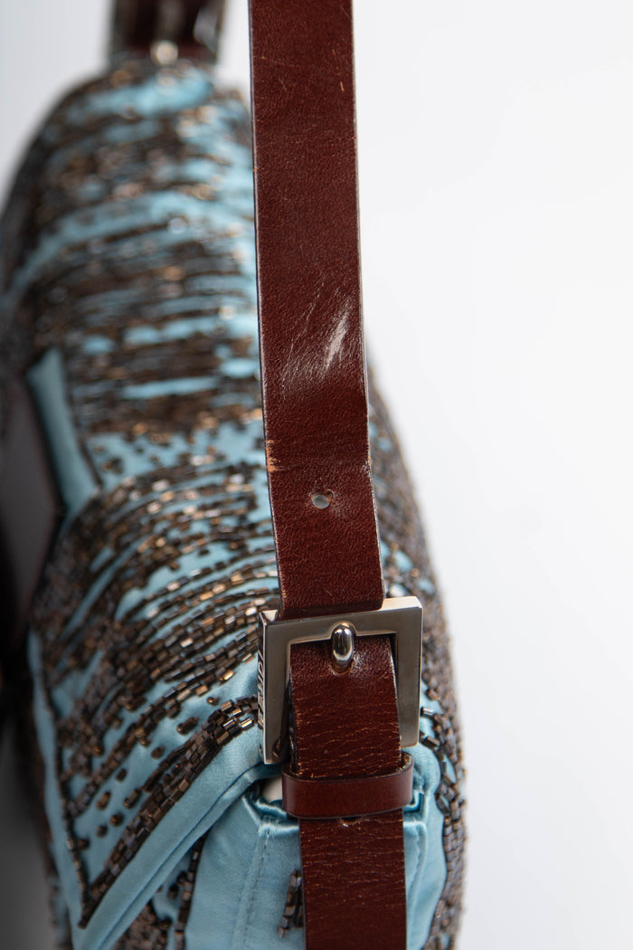 RARE Fendi Blue Satin Beaded Baguette Shoulder Bag