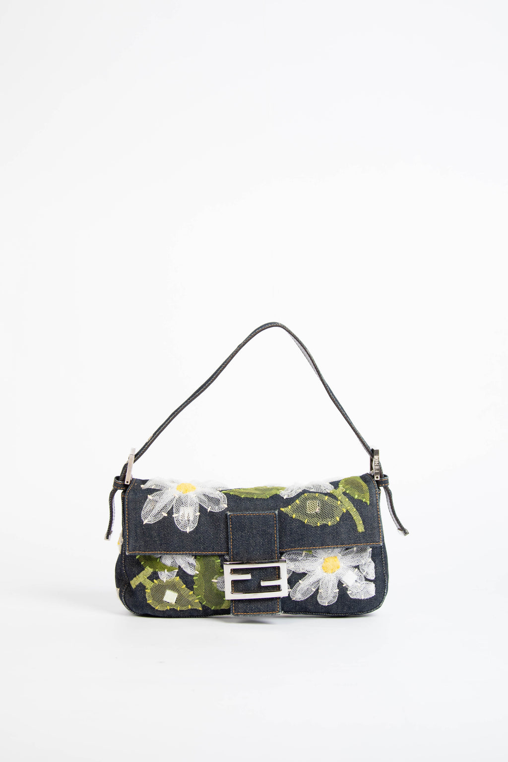 Vintage Fendi Denim Baguette with Mesh Flower Appliqué