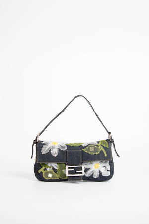 Vintage Fendi Denim Baguette with Mesh Flower Appliqué