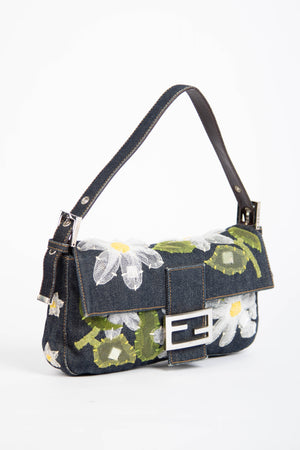 Vintage Fendi Denim Baguette with Mesh Flower Appliqué