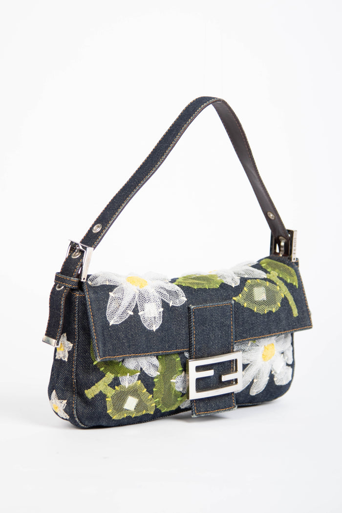Vintage Fendi Denim Baguette with Mesh Flower Appliqué