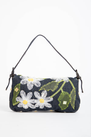 Vintage Fendi Denim Baguette with Mesh Flower Appliqué