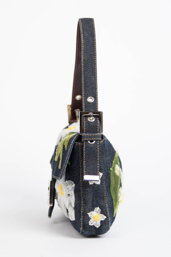 Vintage Fendi Denim Baguette with Mesh Flower Appliqué