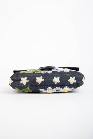 Vintage Fendi Denim Baguette with Mesh Flower Appliqué
