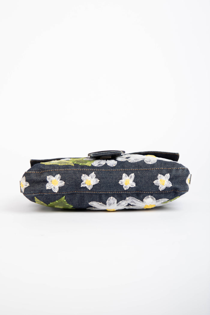 Vintage Fendi Denim Baguette with Mesh Flower Appliqué