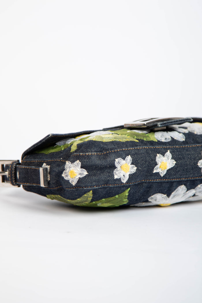 Vintage Fendi Denim Baguette with Mesh Flower Appliqué
