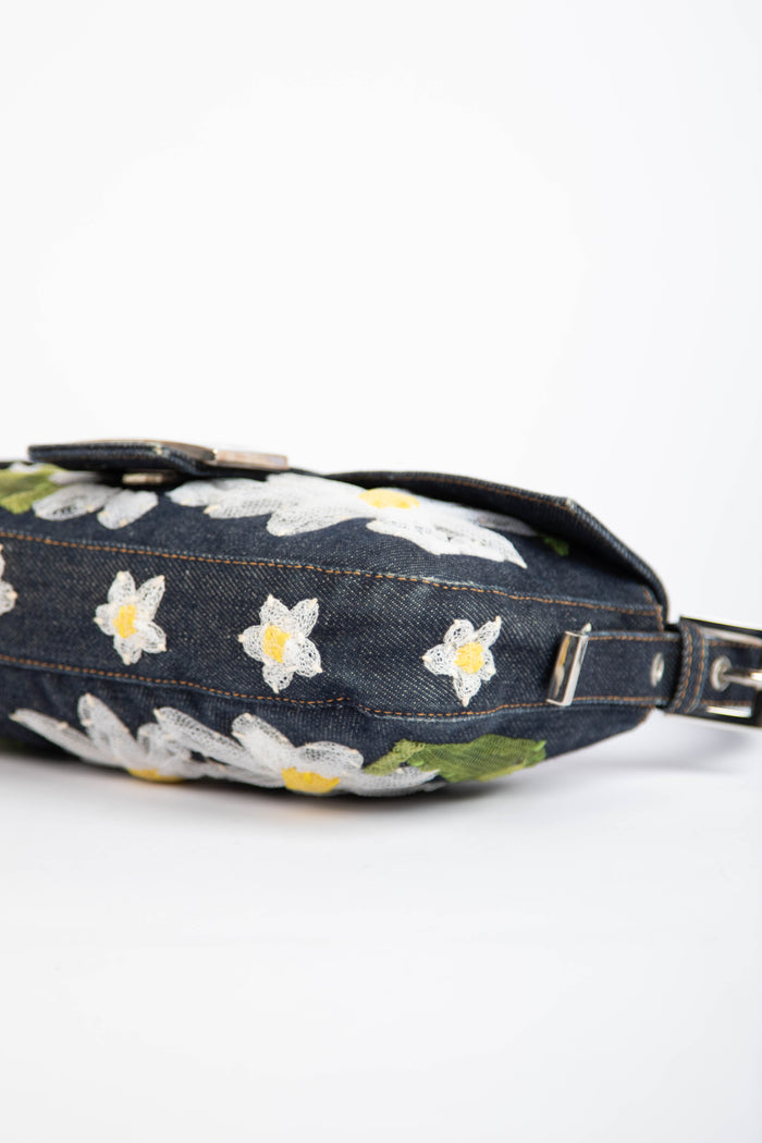 Vintage Fendi Denim Baguette with Mesh Flower Appliqué