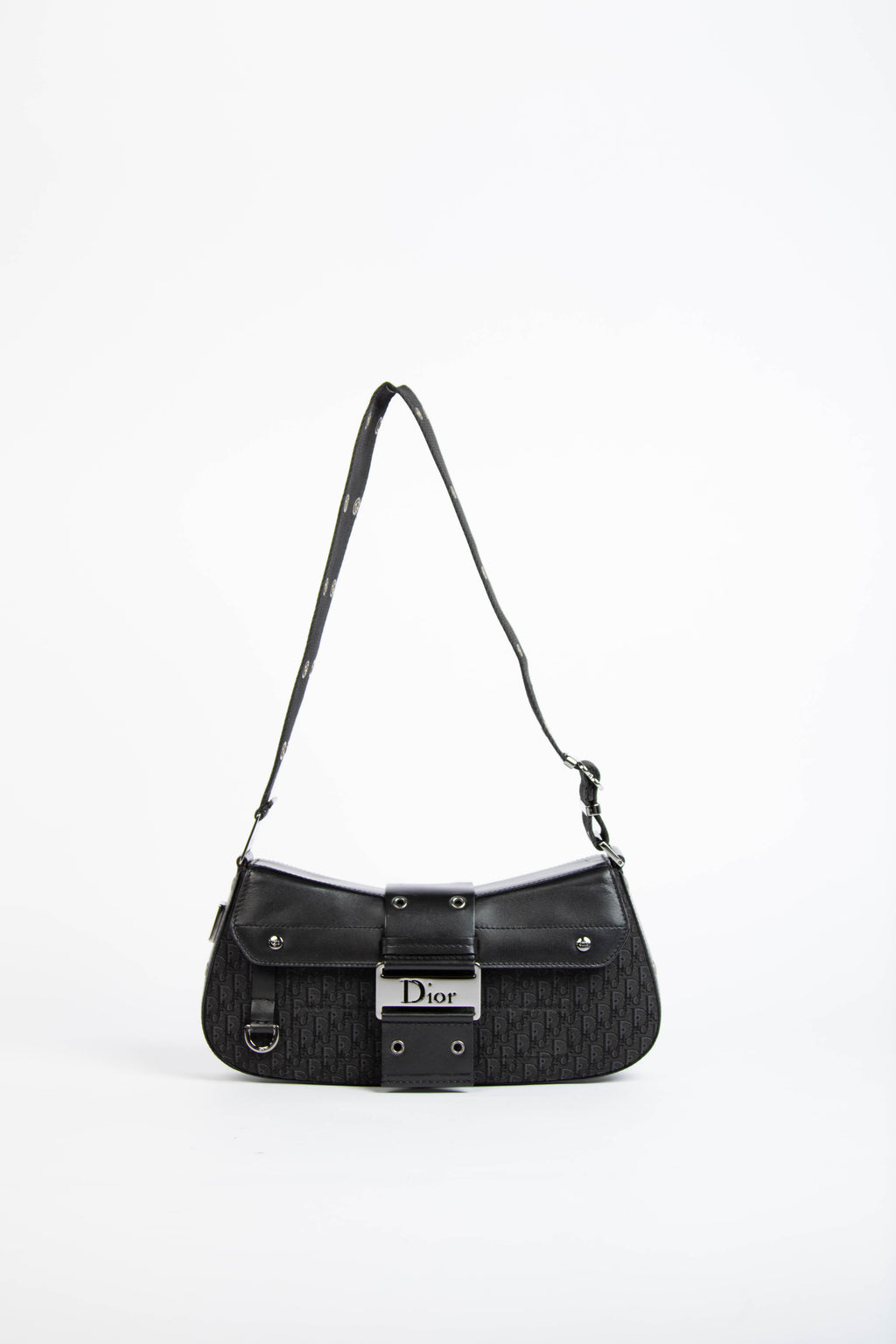 2000s Christian Dior Black Monogram Canvas and Leather Columbus Shoulder Bag