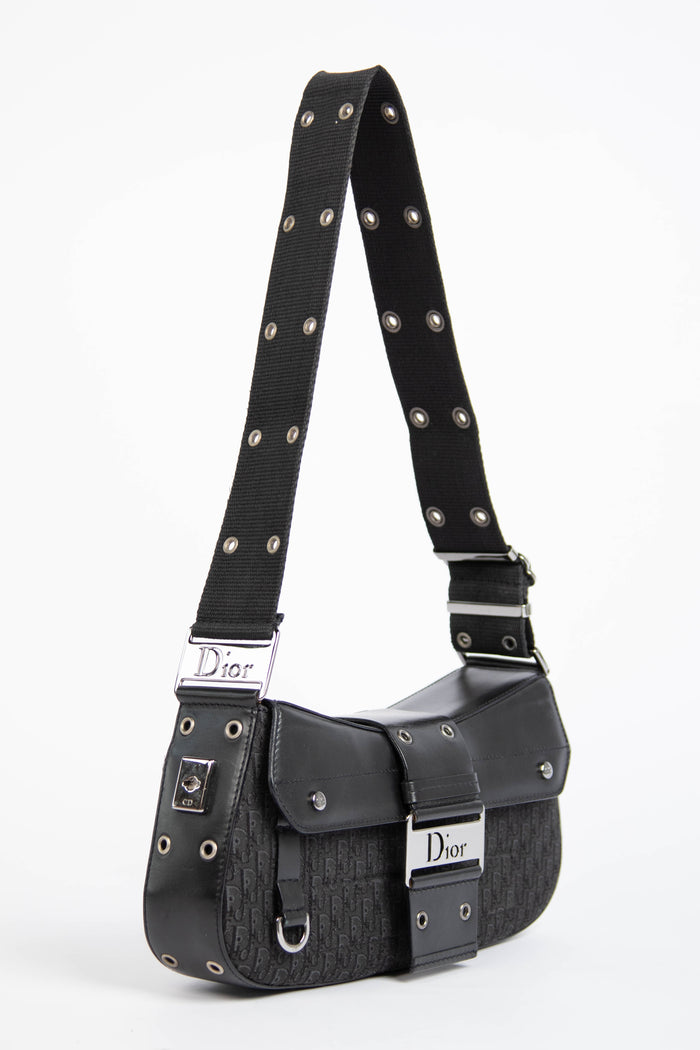 2000s Christian Dior Black Monogram Canvas and Leather Columbus Shoulder Bag